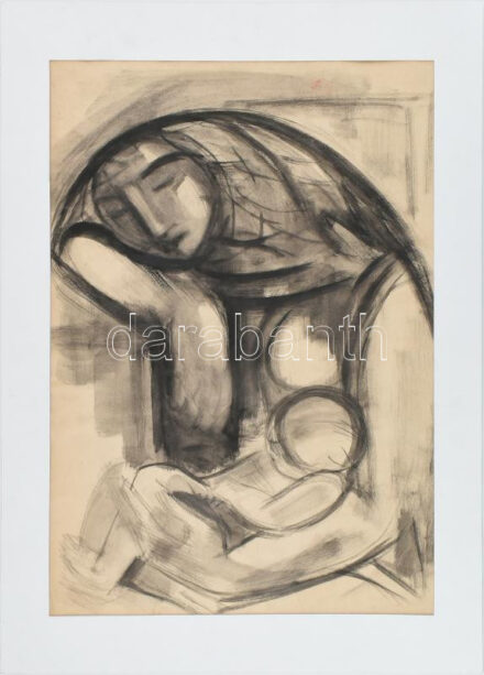 Hetényi Tibor (1891-1977): Anya gyermekével. Lavírozott tus, papír, jelzés nélkül, paszpartuban, hátoldalán névvel feliratozott, 57,5x39,5 cm