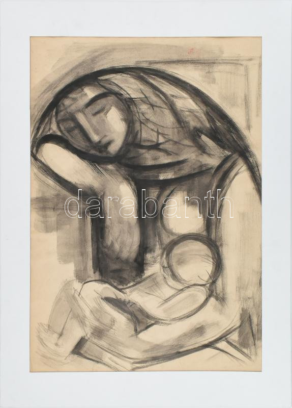 Hetényi Tibor (1891-1977): Anya gyermekével. Lavírozott tus, papír, jelzés nélkül, paszpartuban, hátoldalán névvel feliratozott, 57,5x39,5 cm