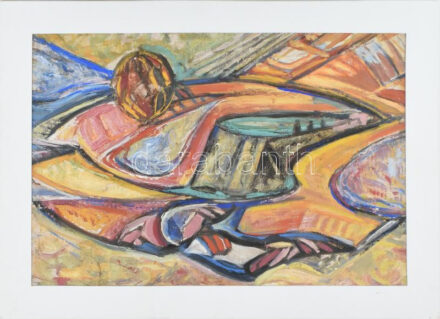 Hetényi Tibor (1891-1977): Színes táj. Olaj, papír, jelzés nélkül, paszpartuban, hátoldalán névvel feliratozott, 39,5x59,5cm