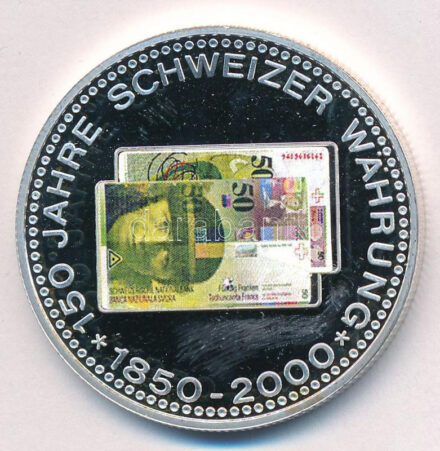 Svájc DN '150 éves a svájci valuta' fém emlékérem kapszulában (40mm) T:1 Switzerland ND '150 years of Swiss currency 1850-2000' metal commemorative medallion in capsule (40mm) C:UNC