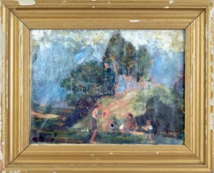 Arató István (1922-2010): Kirándulók. Olaj, vászon, jelezve balra lent, hátoldalán Képcsarnok Vállalat címkéjével. Sérült, üvegezett fakeretben, 31×41 cm