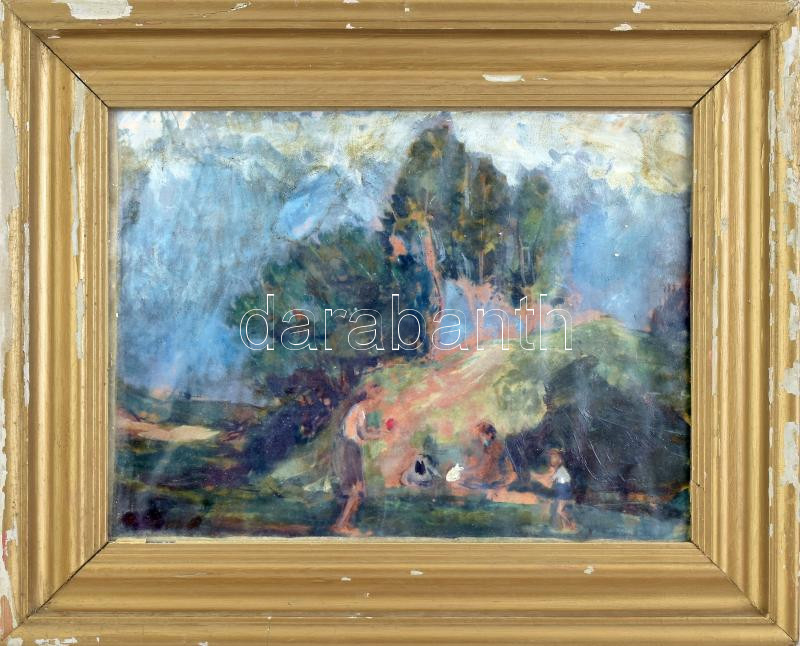 Arató István (1922-2010): Kirándulók. Olaj, vászon, jelezve balra lent, hátoldalán Képcsarnok Vállalat címkéjével. Sérült, üvegezett fakeretben, 31×41 cm