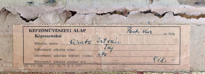 Arató István (1922-2010): Kirándulók. Olaj, vászon, jelezve balra lent, hátoldalán Képcsarnok Vállalat címkéjével. Sérült, üvegezett fakeretben, 31×41 cm - Image 3