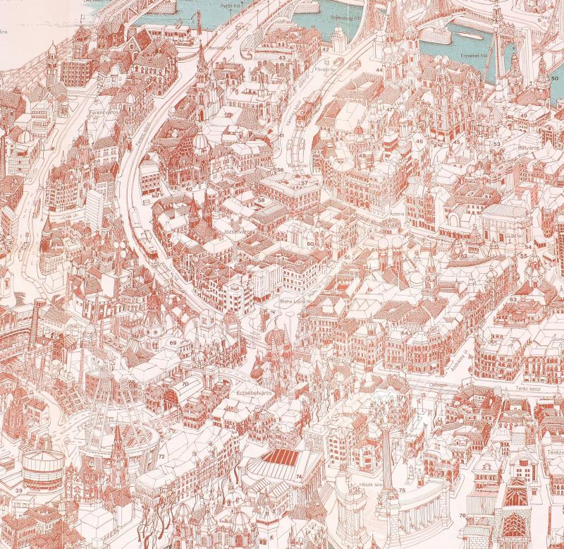 Budapest építészeti nevezetességei + Budapest grafikai látképe, 2 db modern, nagyméretű térkép, 63x63 cm és 100x70 cm - Image 2