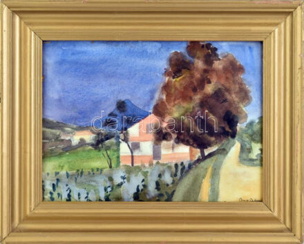 Bor Pál (1889-1982): Budaörs. Akvarell, ceruza, papír, jelezve jobbra lent (keret által kissé takarva), hátoldalán Képcsarnok Vállalat címkéjével, üvegezett fakeretben, 28×39 cm