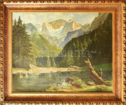 K Tietz-Piek (?) jelzéssel: Alpesi tengerszem. Olaj, karton, kissé sérült (hullámos). Dekoratív, kissé sérült fakeretben, 80×100 cm. KIZÁRÓLAG SZEMÉLYES ÁTVÉTEL, NEM POSTÁZZUK! / ONLY PERSONAL COLLECTION AT OUR OFFICE!