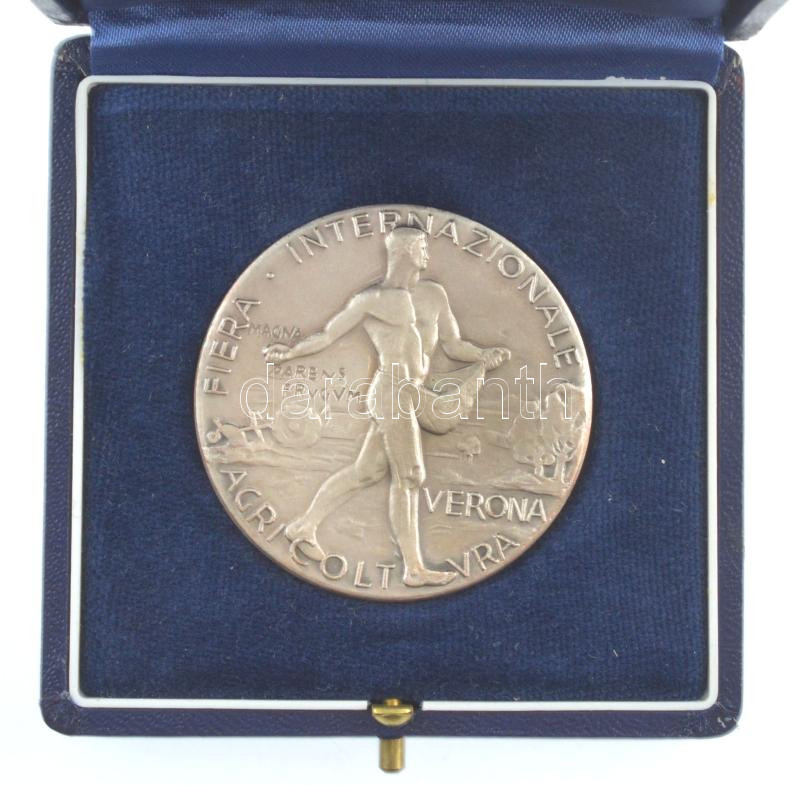 Olaszország 1960. 'Nemzetközi Mezőgazdasági Vásár Verona' kétoldalú ezüstözött bronz emlékérem eredeti tokban T:1 patina Italy 1960. 'FIERA AGRICULTURA INTERNAZIONALE - VERONA' two sided Ag plated medallion in original case C:UNC patina - Image 2