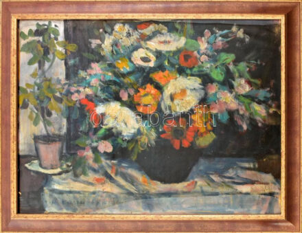 Balogh Ervin (1925-2020): Csendélet. Olaj, vászon. Jelezve balra lent. Hátoldalán Képzőművészeti Alap cimkéjével. Dekoratív, üvegezett fakeretben. 60x80 cm