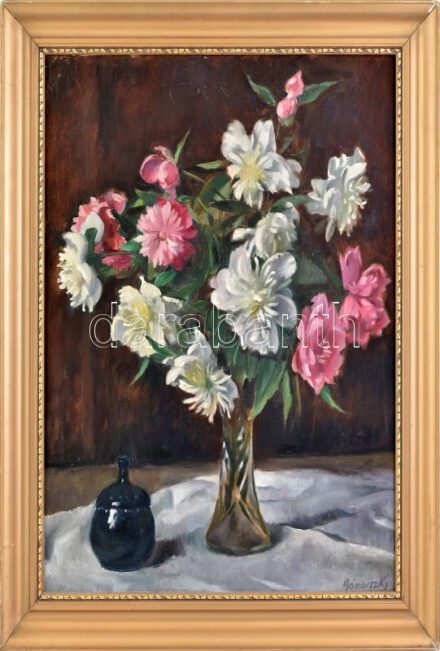 Bánovszky Miklós (1895-1995): Csendélet. Olaj, vászon, jelezve jobbra lent. Dekoratív, kissé sérült fakeretben, 60×50 cm