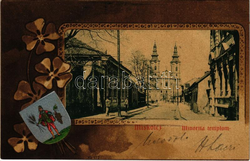 1902 Miskolc, Minorita templom. Szecessziós címeres litho keret / Art Nouveau, litho frame with coat of arms