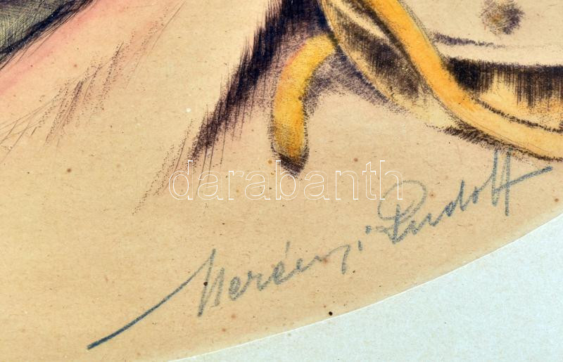 Merényi Rudolf (1893-1957): Ülő női akt. Színezett rézkarc, papír, jelzett, üvegezett fakeretben, 22,5×42 cm - Image 2