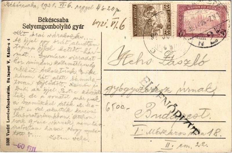 1921 Békéscsaba, Selyemgombolyító gyár. Vasúti Levelezőlapárusítás 5508. (EK) - Image 2
