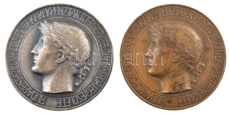 Erdey Dezső (1902-1957) 1929. 'Budapest Szfőv Községi Takarékpénztár RT Tisztviselőinek Sportegyesülete / KTSE 1929.' bronz és ezüstözött bronz díjérem, egyiken gravírozással (36mm) T:2