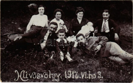 1917 Budapest II. Hűvösvölgy, kirándulók csoportja kutyával. photo