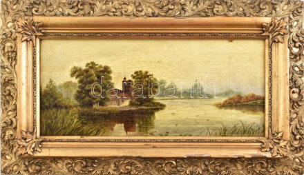 Olgai (?) jelzéssel: Vízparti táj, 1891. Olaj, vászon. Dekoratív, sérült fakeretben, 22,5×48,5 cm