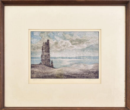 Keleti Jenő, ifj.(1943-): Boróka a parton. Színes linómetszet, papír, jelzett, számozott (100/35), üvegezett fakeretben, 21×30 cm