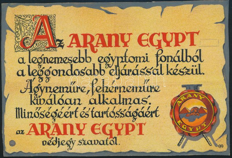 'Arany Egypt' kézzel rajzolt reklámterv, 1920-1930 körül. Vegyes technika, karton, jelzett, 10x15 cm