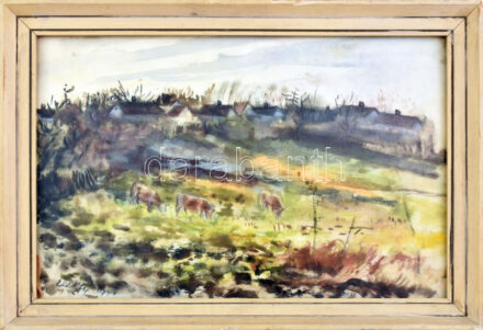 Elekfy Jenő (1895-1968): Legelésző tehenek, 1944. Akvarell, papír, jelzett. Üvegezett, kissé sérült fakeretben, 31x48 cm