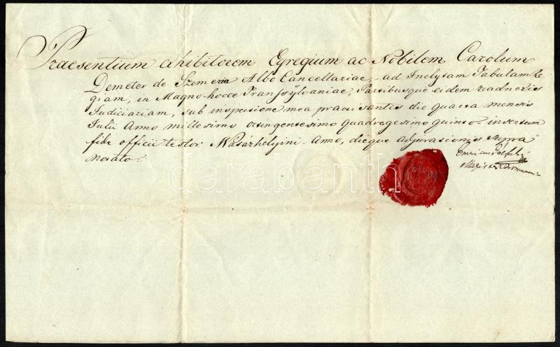 1844 Marosvásárhelyen kiállított igazolás Szemeriai Demeter Károly részére