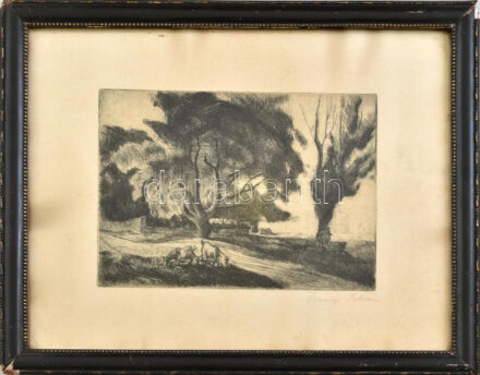 Szőnyi István (1894-1960): Római fürdő, 1921. Rézkarc, papír, jelzett. Dekoratív, üvegezett, sérült fakeretben, 15×21 cm
