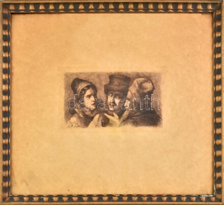 Szemlér Mihály (1833-1904): Beszélgetők. Rézkarc, papír. Jelzett a karcon. Lap széle kissé foltos. Dekoratív, üvegezett, kissé sérült fakeretben. 10,5x19 cm