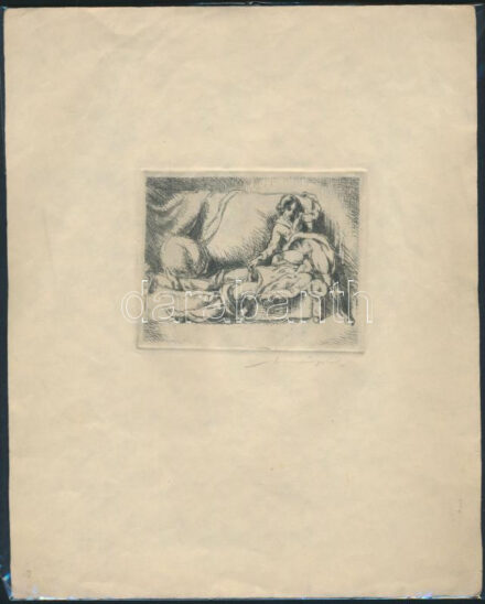 Merényi Rudolf (1893-1957): Pornográf illusztráció. Rézkarc, papír, jelzett, 7,5x9,5 cm