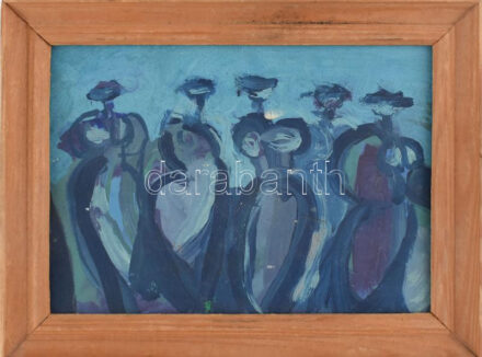 Kustor Gyula (?- ): Kis kompozíció. Plextol-tempera, karton, jelzés nélkül, fa keretben, a hátoldalon feliratozva, 12x17 cm