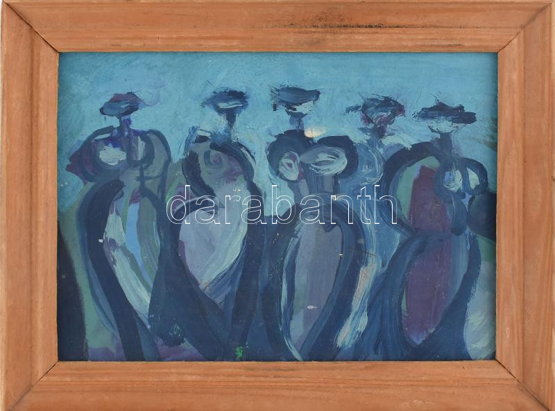 Kustor Gyula (?- ): Kis kompozíció. Plextol-tempera, karton, jelzés nélkül, fa keretben, a hátoldalon feliratozva, 12x17 cm