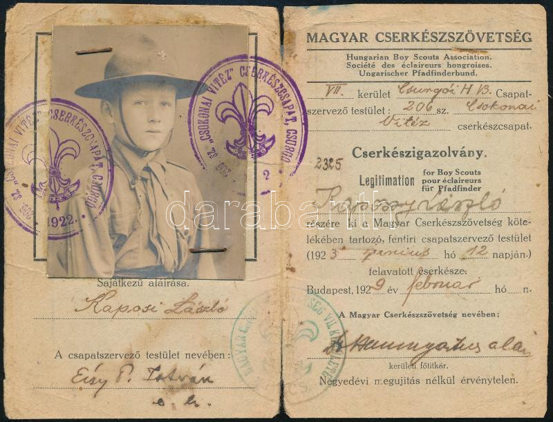 1929 Fényképes cserkészigazolvány, megviselt állapotban