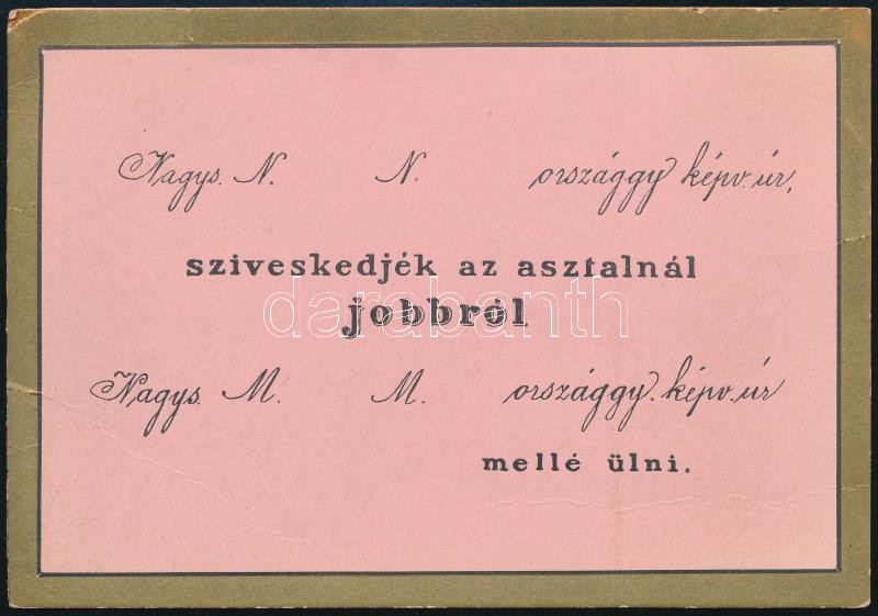 cca 1880 Ültetőkártya országgyűlési képviselők részre 15x12 cm