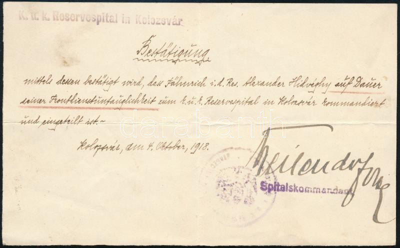 1918 Katonai igazolás kolozsvári hadikórházból
