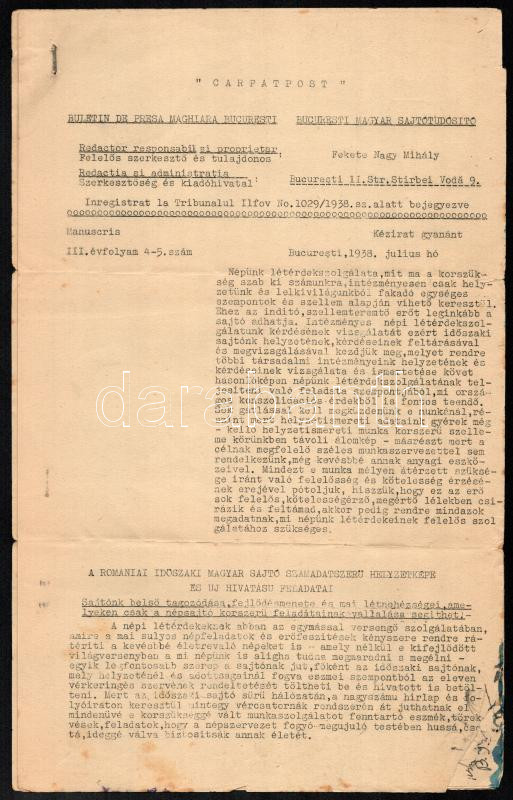 1938 Carpatpost a bukaresti magyarok újságja. 4 p szamizdat szerű III. évf 4-5. száma
