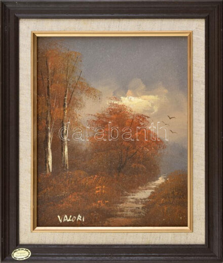 Valori jelzéssel: Őszi erdő madarakkal. Olaj, fára kasírozott vászon. Keretben. 25x20cm