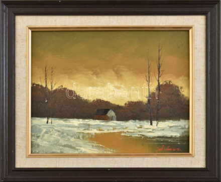 Watson jelzéssel: Téli házikó. Olaj, fára kasírozott vászon. Keretben. 20X25,5cm