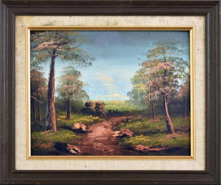 Raest jelzéssel: Erdő. Olaj, fára kasírozott vászon. Keretben. 20X25,5cm