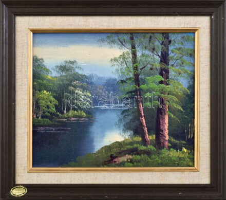 Jelzés nélkül: Tópart. Olaj, fára kasírozott vászon. Keretben. 20X25,5cm