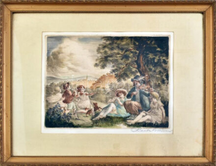 Prihoda István (1891-1956): Zene és tánc a szabadban. Színezett rézkarc, papír, jelzett. 25×32 cm. Dekoratív, üvegezett fakeretben.