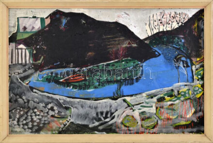 Pataki János (1933-2022): Vízparti táj. Olaj, farost, jelzett, hátoldalán autográf ajándékozási sorokkal Török Győző (1935-1987) magyar bajnok kerékpáros részére, fakeretben, 36×55 cm