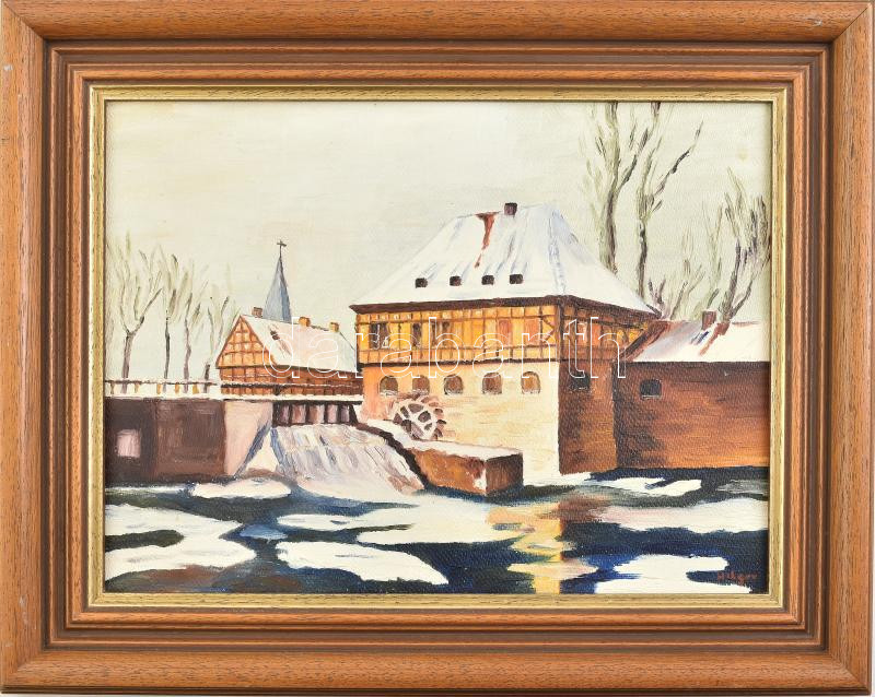 Hilger jelzéssel: Burgsteini kastélymalom. Olaj, farost, keretben, 30x40cm