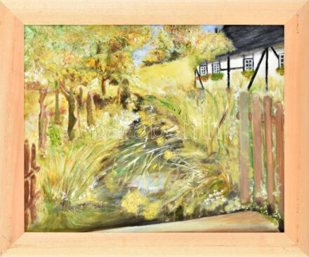 Jelzés nélkül: Színes udvar. Olaj, farost. Keretben. 40x50 cm