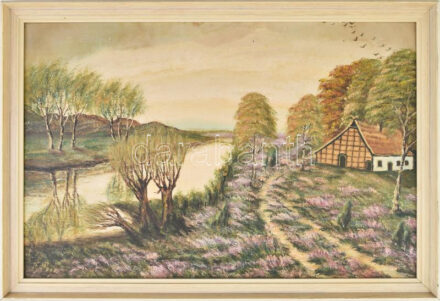Jelzés nélkül: Patakparti ház. Olaj, farost, keretben. 35x54 cm