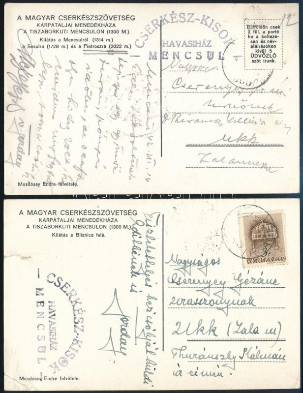 1942 2 db levelezőlap 'Cserkész-Kisok, Havasház, Mencsul' bélyegzéssel, mindkettő a kárpátaljai menedékház képeslapján