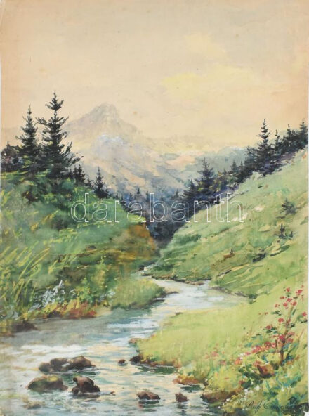 Oppel Imre (1883-1968): Bélapatak a Lomnitzi csúcsnál (Tátra). Akvarell, papír, jelzett, hátoldalán autográf felirattal, lapszéli apró sérülésekkel, 41,5x31 cm / Imre Oppel (1883-1968): Béla creek at Lomnický štít (Tatry, Tatra).