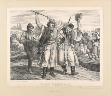 Lotz Károly (1833-1904) után, Marastoni József (1834-1895): Vásári áldomásozók. Litográfia, papír, jelzett a litográfián. Kissé foltos, kartonra kasírozva. 32x42 cm