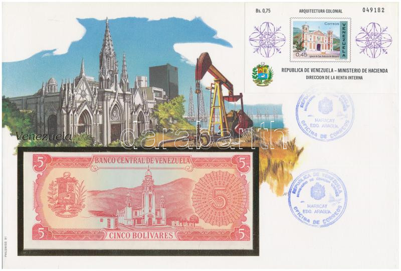 Venezuela 1989. 5B felbélyegzett borítékban, bélyegzéssel T:I- Venezuela 1989. 5 Bolívares in envelope with stamp and cancellation C:AU