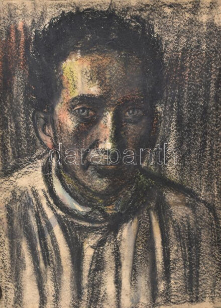 Vinkler László (1912-1980): Önarckép. Kréta, szén, papír, jelzés nélkül, hátoldalán a művész fia igazolásával, feltekerve, lapszéli szakadásokkal, 45x35cm