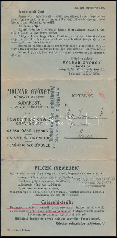 cca 1930 Csiszolóáru, köszörűkövek, stb. kihajtható kétoldalas reklámos levelezőlap