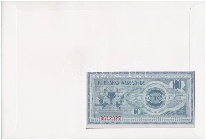 Macedónia 1992. 100D borítékban, alkalmi bélyeggel és bélyegzéssel T:I Macedonia 1992. 100 Dinar in envelope with stamps and cancellations C:UNC - Image 2