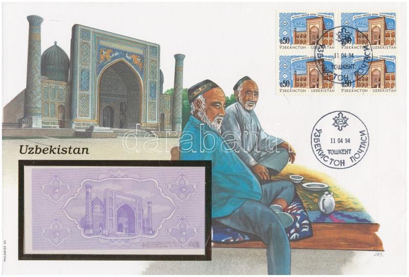 Üzbegisztán 1992. 5S felbélyegzett borítékban, bélyegzéssel T:I Uzbekistan 1992. 5 So'm in envelope with stamp and cancellation C:UNC