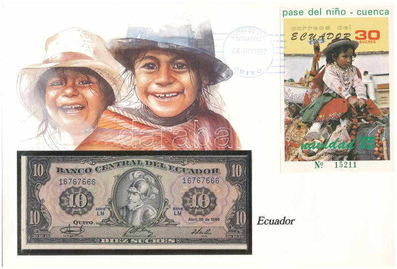 Ecuador 1986. 10S felbélyegzett borítékban, bélyegzéssel T:I Ecuador 1986. 10 Sucres in envelope with stamp and cancellation C:UNC